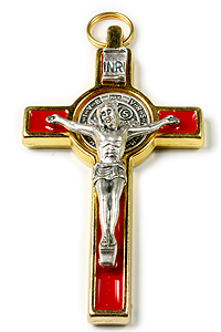 KBE648GR 3" St Benedict Crucifix Gold/Red Enamel